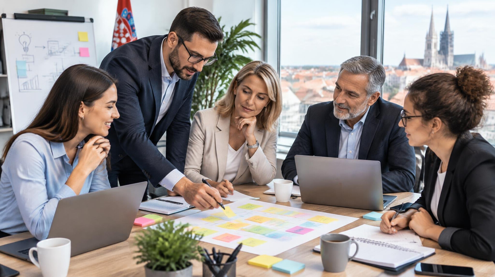 Team members gathered around a table collaborating on a project plan